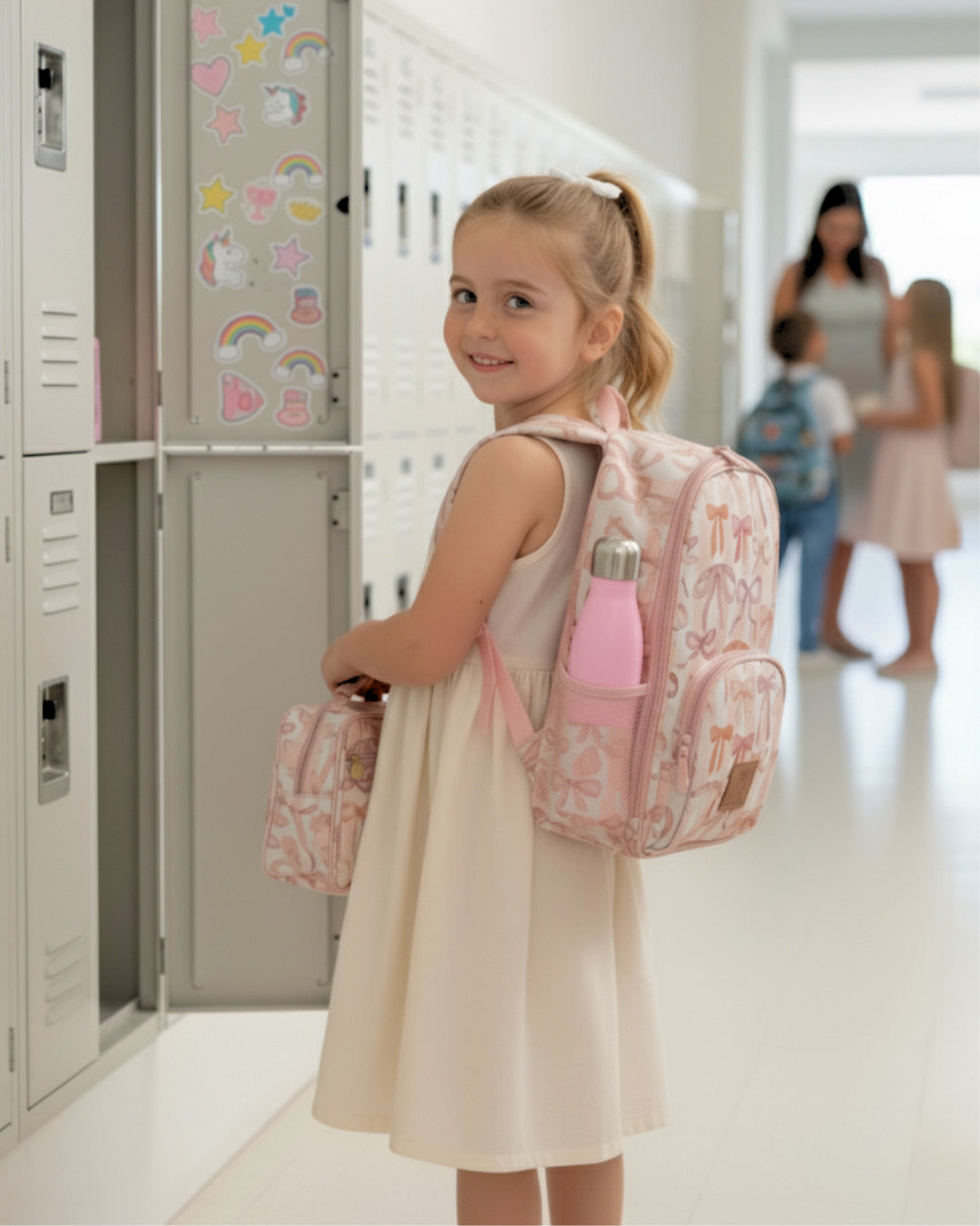 Girl in hallway by locker with pink bow print small backpack, insulated lunch bag, and side pocket for water bottle.