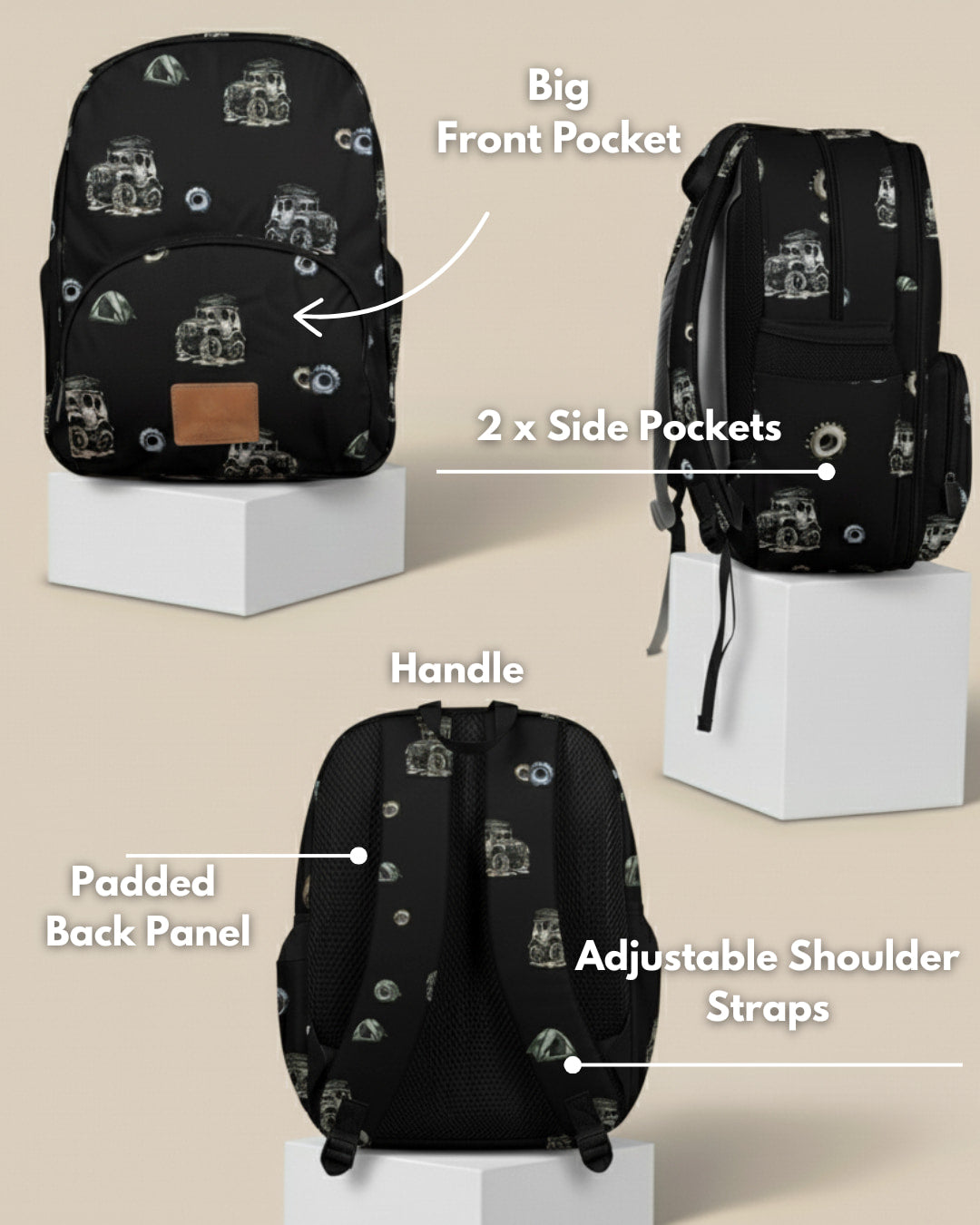 Black backpack with car pattern on a beige background, labeled features.