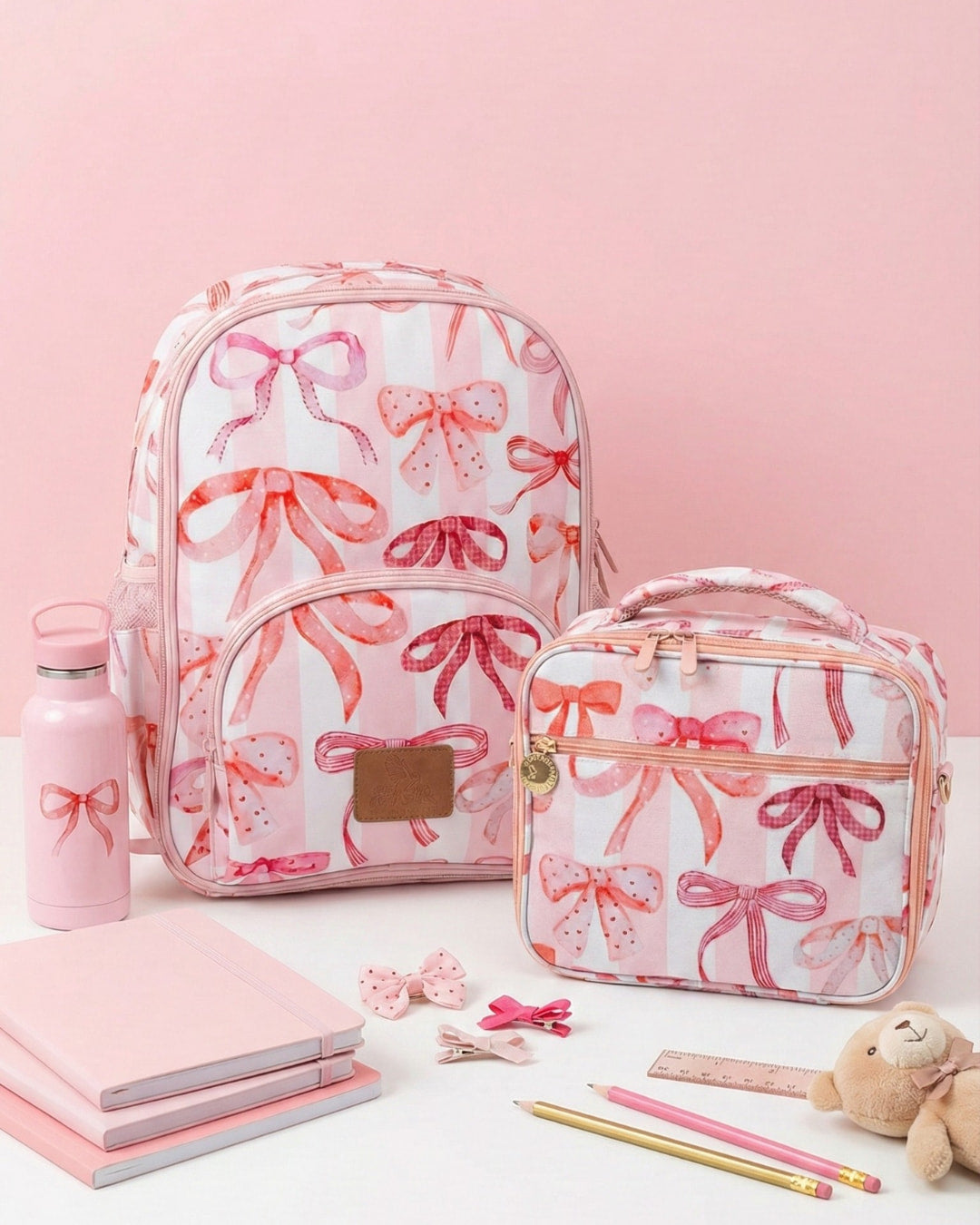 Backpack and lunch bag with pink bow pattern on a pink background
