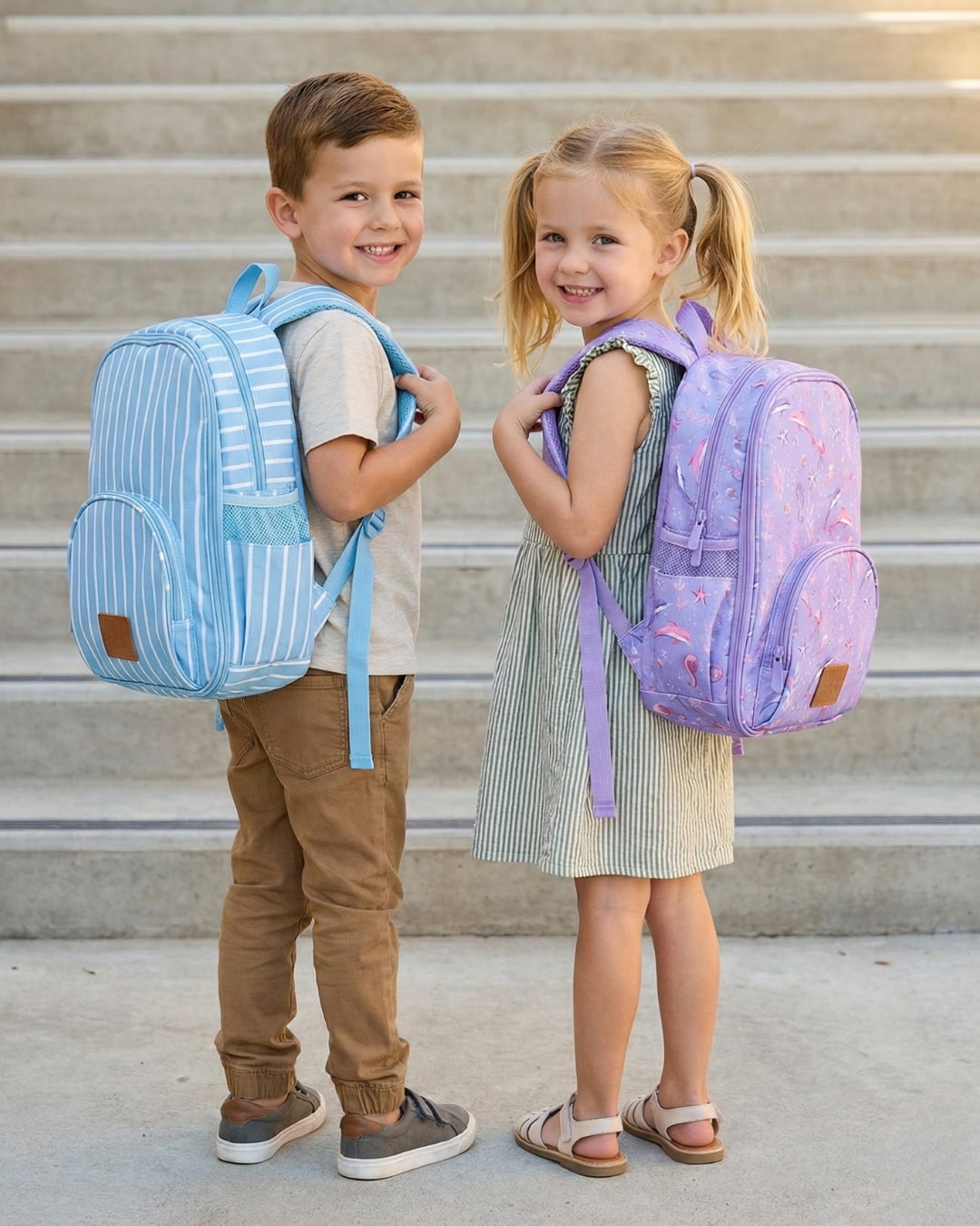 Two children with colorful backpacks standing on steps.