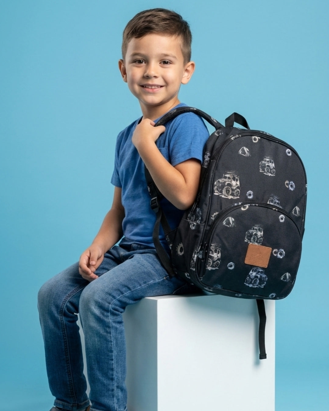 Child wearing a black backpack with patterns on a blue background