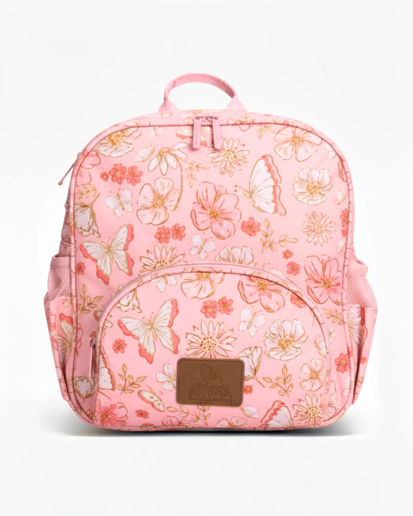 Pink floral backpack with butterfly design on a white background