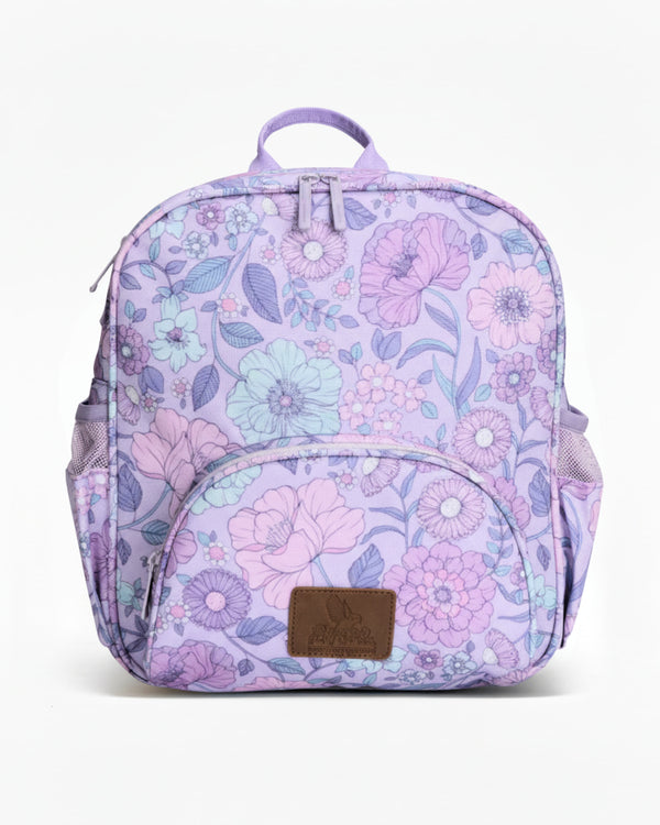 Floral-patterned backpack on a white background