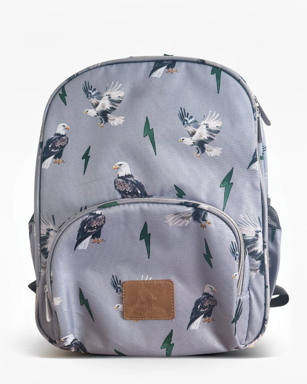 Backpack with eagle pattern on a gray background