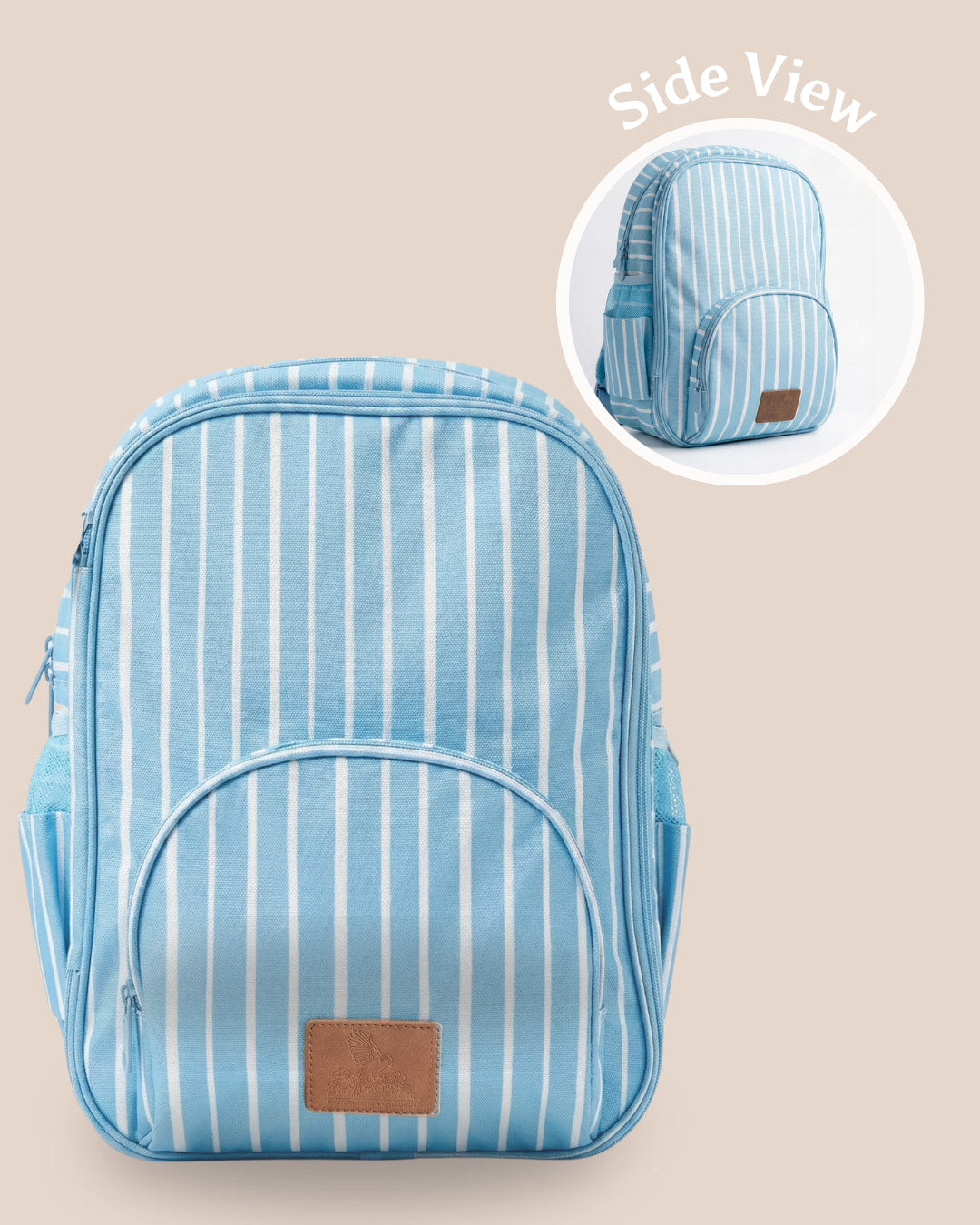 Blue striped backpack with side view inset on a beige background