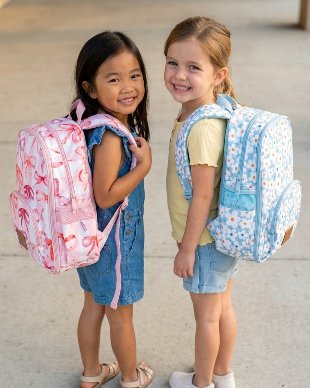Two young girls with colorful backpacks standing outdoors.
