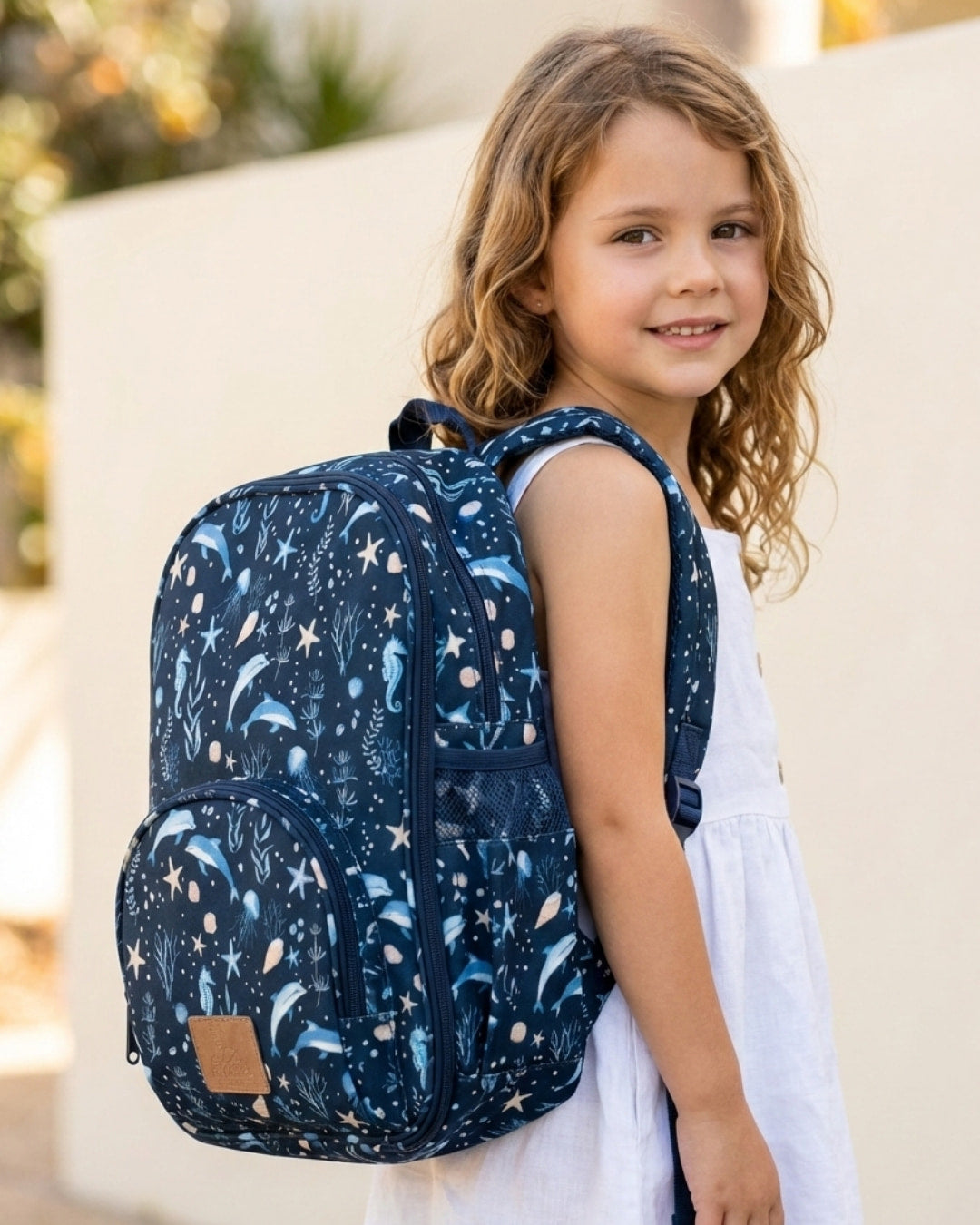Young girl wearing a navy blue backpack with star pattern outdoors