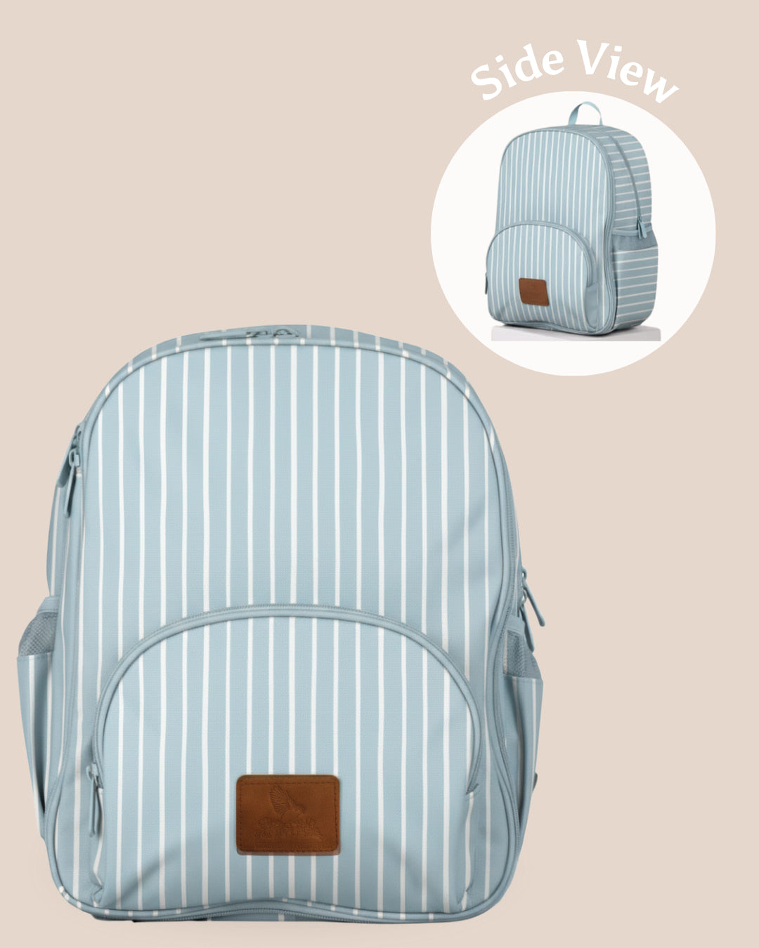 Light blue striped backpack with a side view inset on a beige background