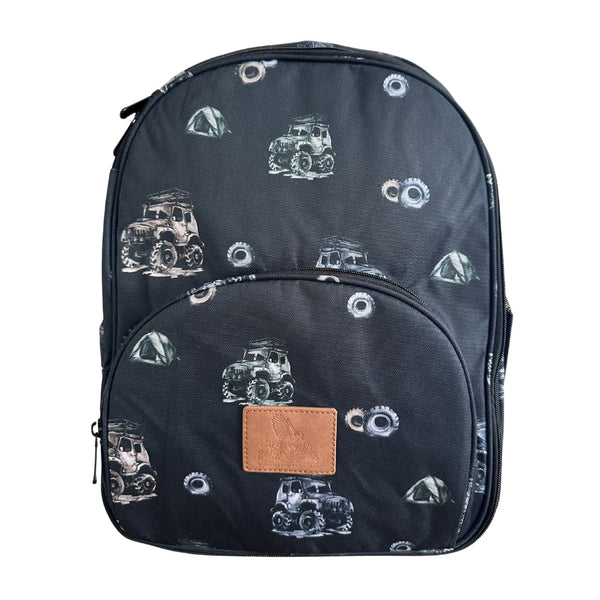 Stylish black backpack for boys with illustrated 4WD trucks and gear motifs