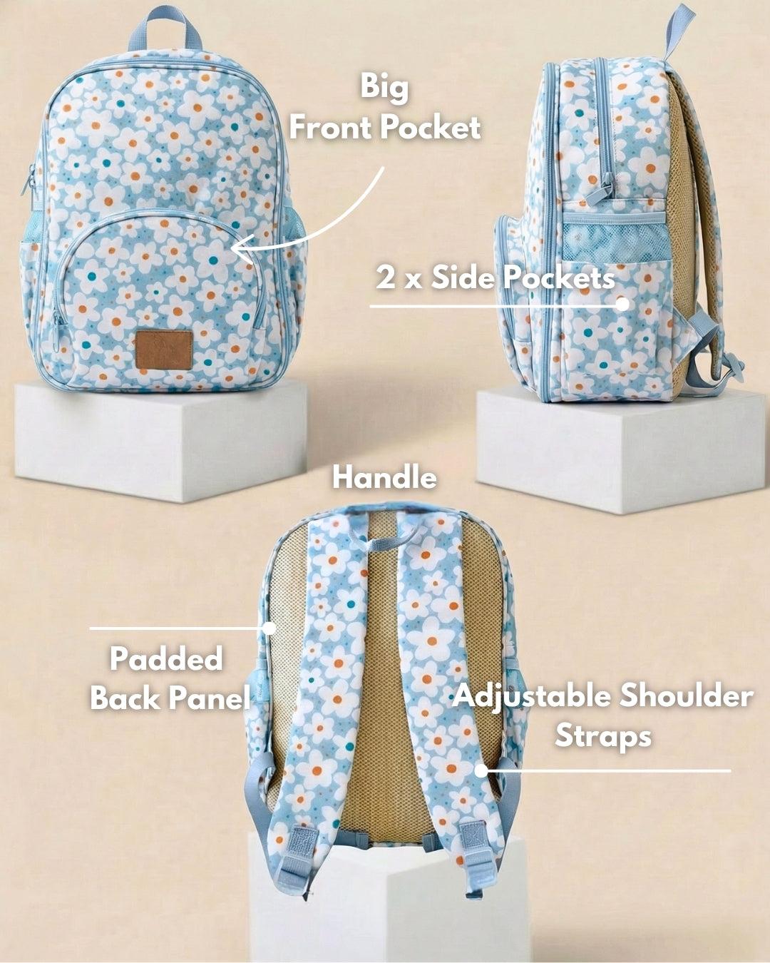 Light blue floral backpack with labeled features on a beige 