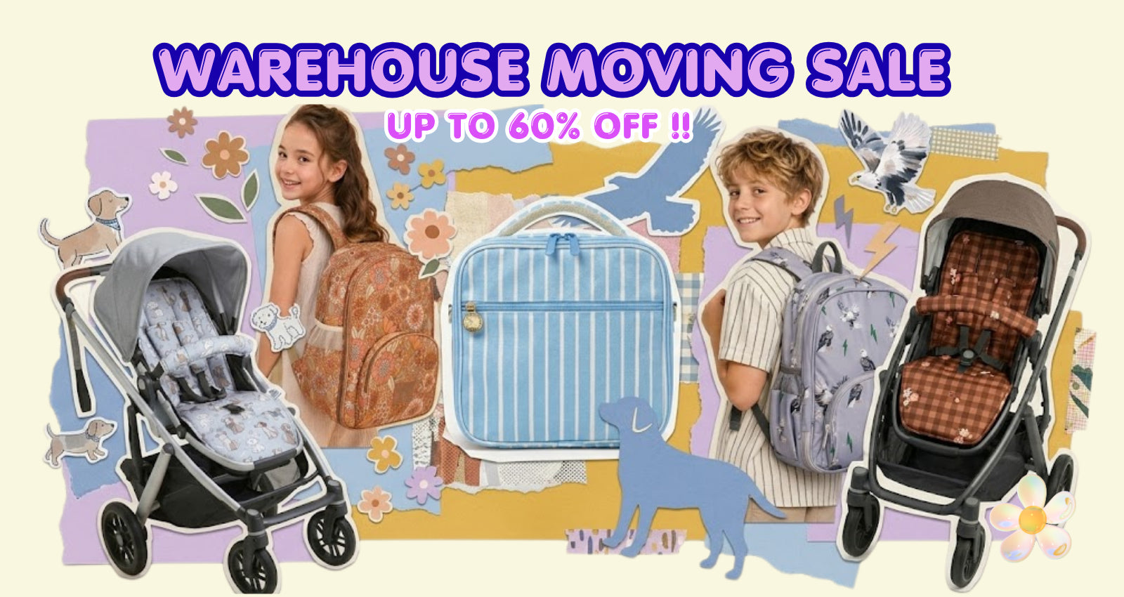 A vibrant digital marketing graphic for a "Warehouse Moving Sale" featuring children's accessories. The top text reads "WAREHOUSE MOVING SALE UP TO 60% OFF !!" in bold purple, glowing pink, and white lettering. The collage-style design includes a young girl wearing a floral patterned backpack, a young boy wearing a grey backpack with eagle and lightning bolt prints, a blue and white striped lunch bag, and two strollers fitted with patterned pram liners—one in a brown gingham check and another in a light blue animal print. The background is a playful mix of pastel purple and yellow paper textures decorated with illustrated stickers of blue dogs, eagles, flowers, and stars.