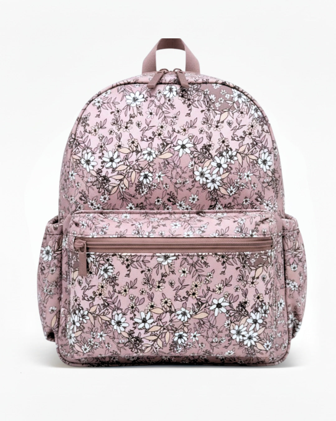 Floral-patterned backpack on a white background