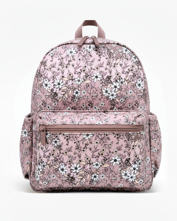 Floral-patterned backpack on a white background