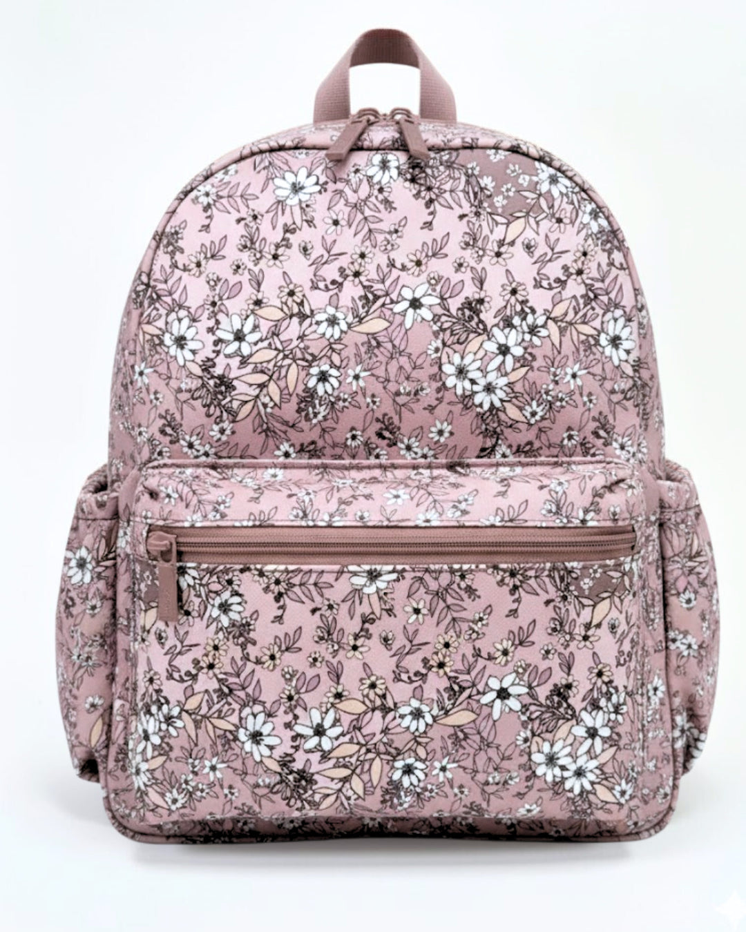 Pink floral-patterned backpack on a white background