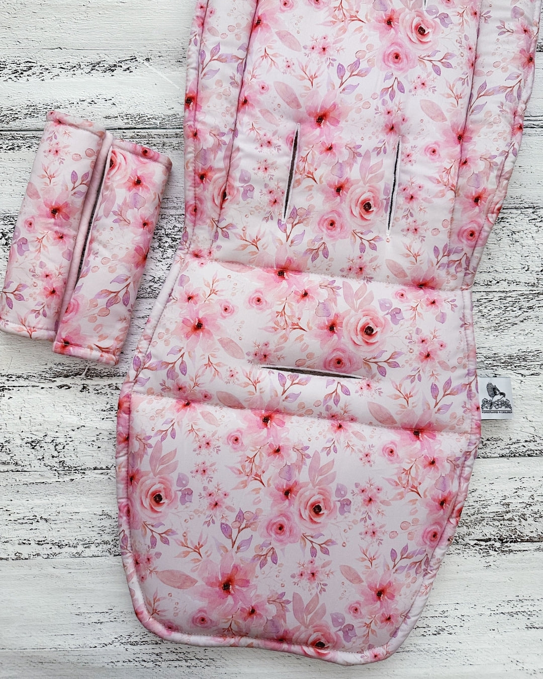 Amelia universal pram liner pink floral with harness pads