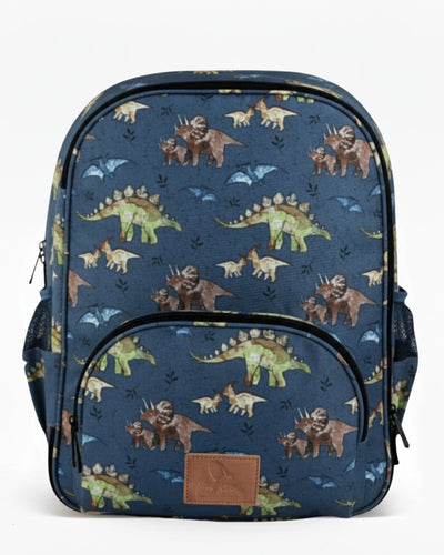 Backpack with dinosaur pattern on a blue background