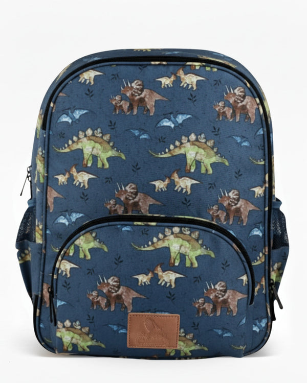 Backpack with dinosaur pattern on a blue background