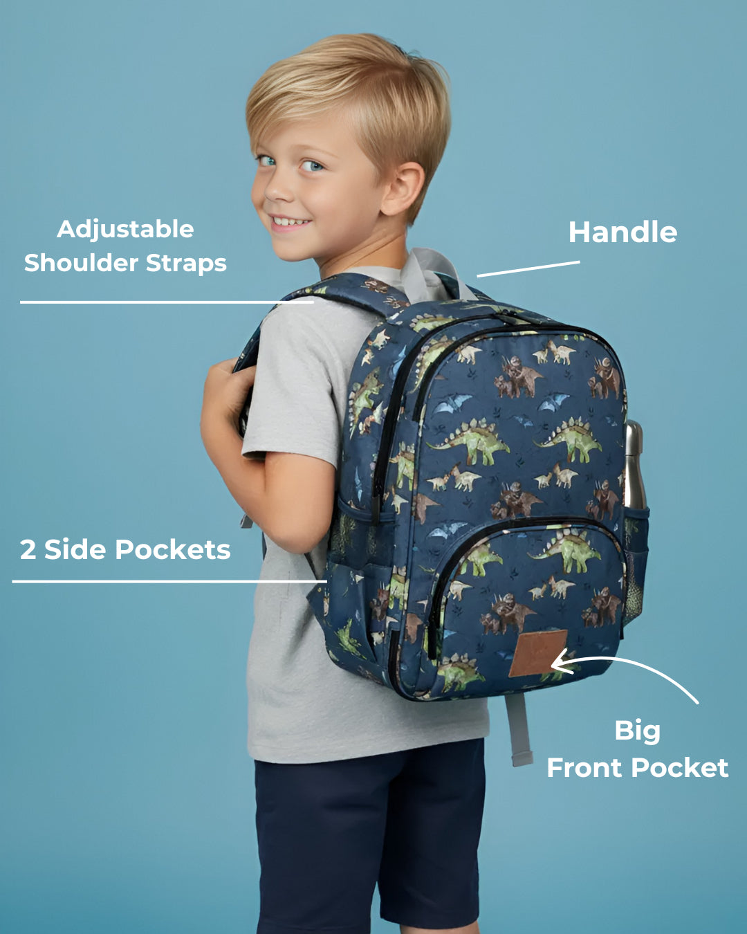 Child wearing a blue backpack with dinosaur pattern on a blue background