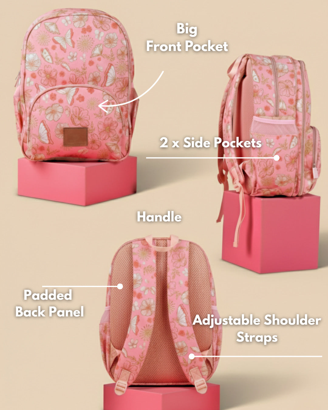 Pink floral backpack with labeled features on a beige background