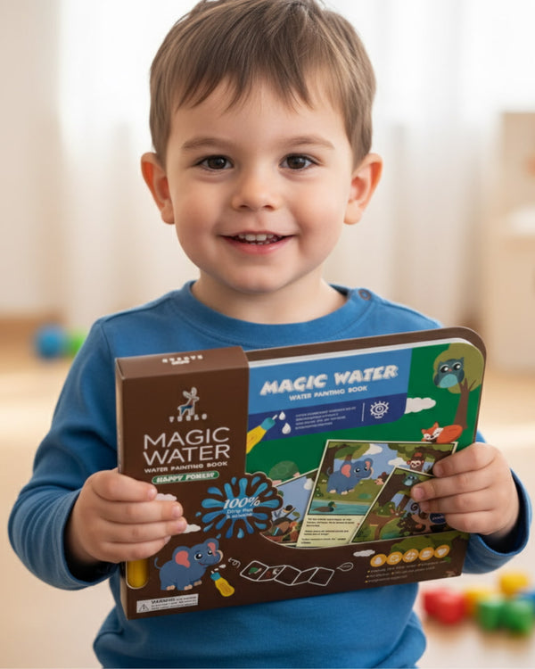 Child holding a 'Magic Water' educational kit with colorful cards