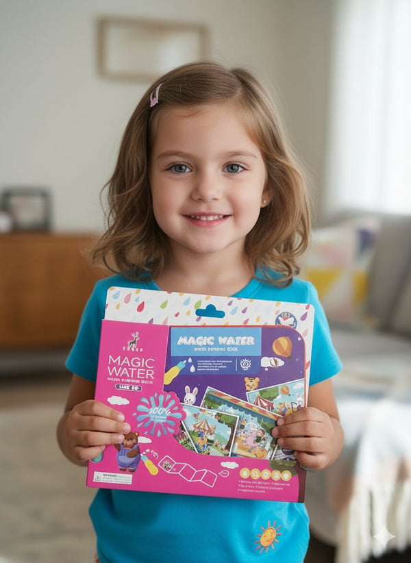 Young girl holding a 'Magic Water' art kit in a home setting