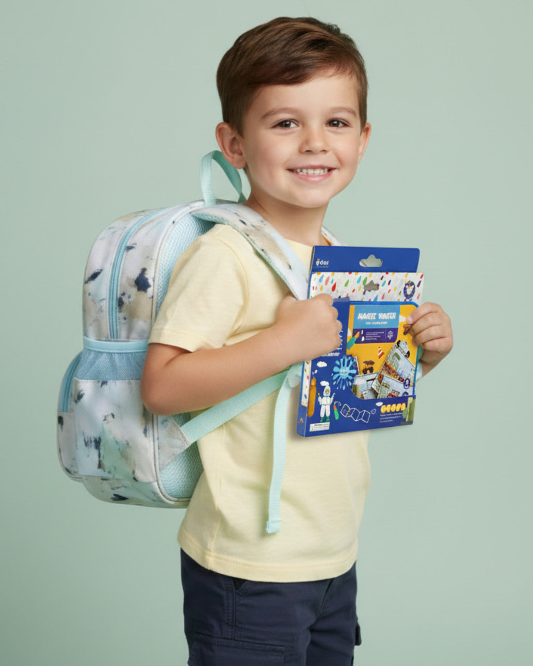 Child with a backpack and activity book on a light green background