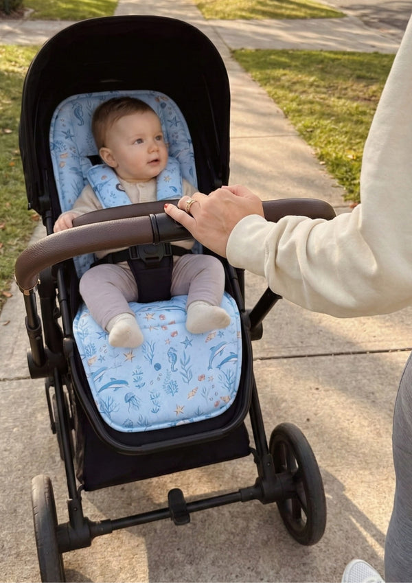 Baby in a stroller with a blue cushion, being pushed by an adult on a sidewalk.