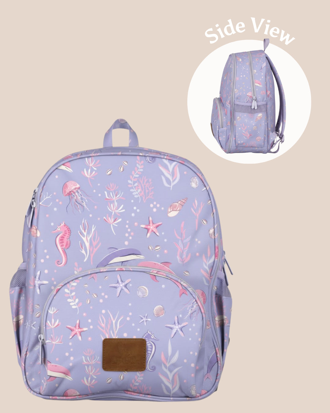 Backpack with sea-themed pattern on a beige background