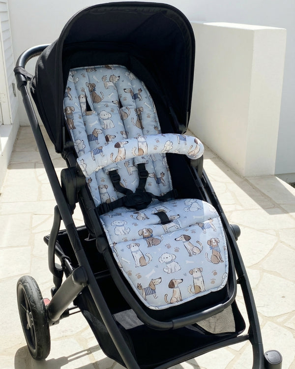 Universal pram liner with dog print fitted in stroller