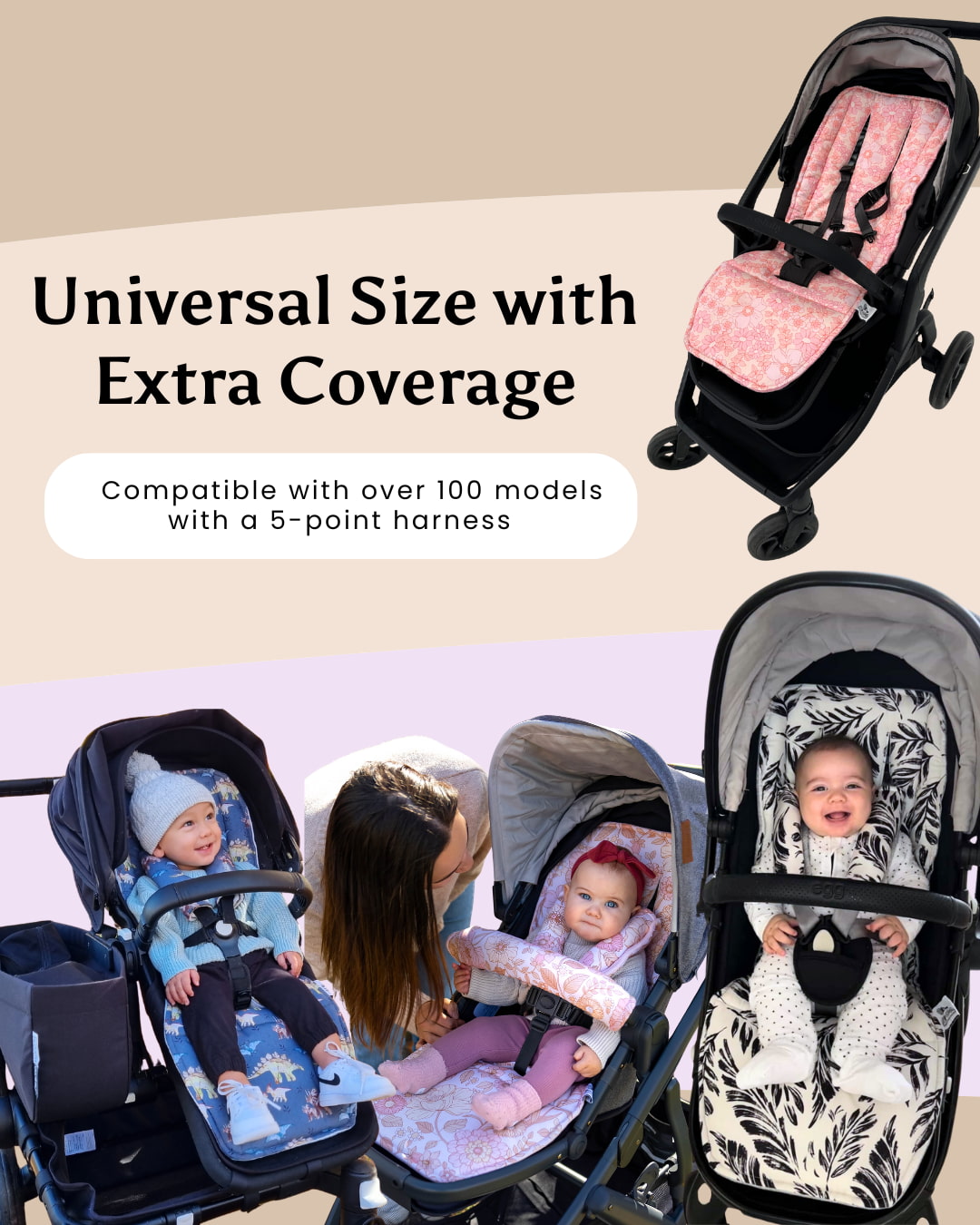 Baby car seats with text highlighting universal size and extra coverage compatibility.
