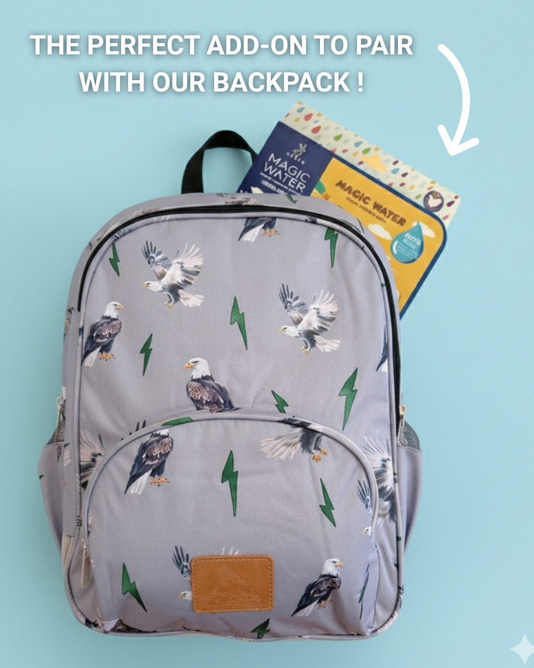 Backpack with eagle pattern and 'Magic Water' product on a light blue background