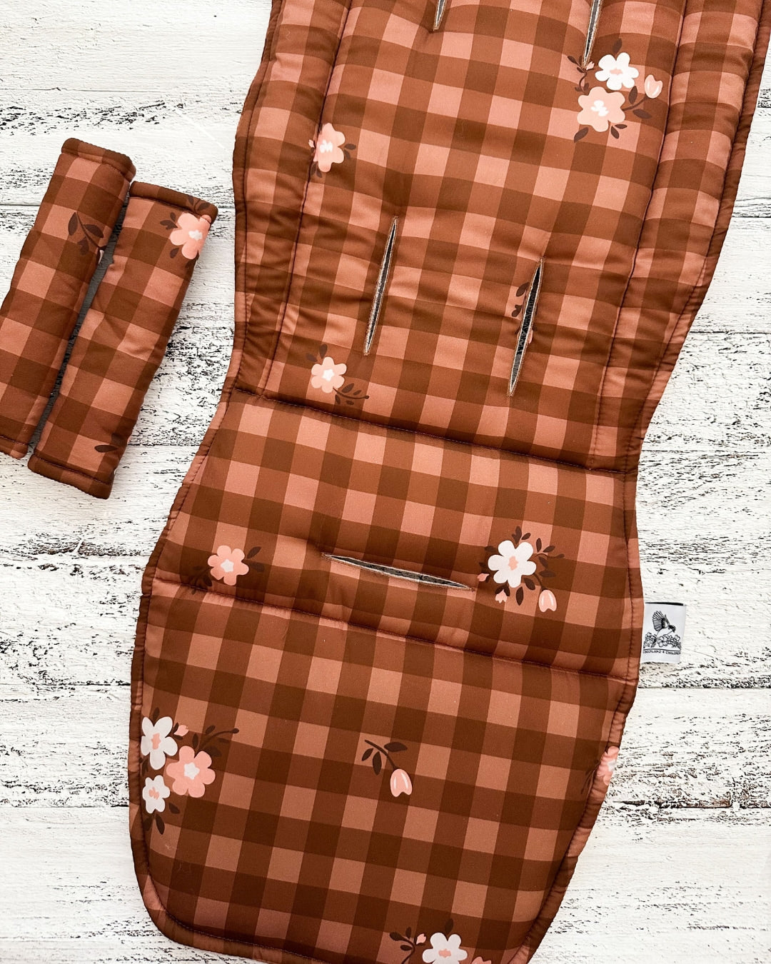 Hailey brown gingham pram liner with matching harness pads