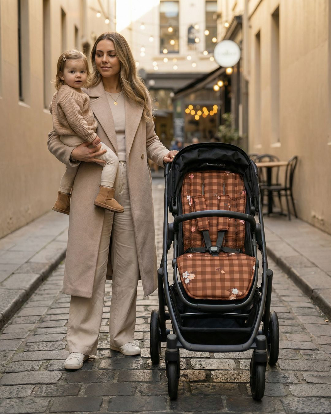 Hailey universal stroller liner brown gingham floral design