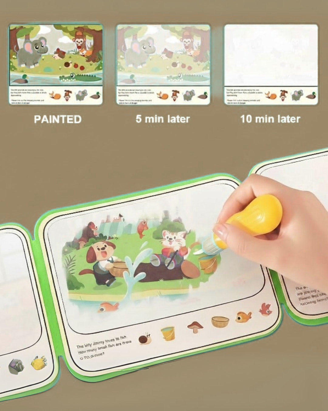 Children's activity book with a hand using a yellow marker, showing progress over time.