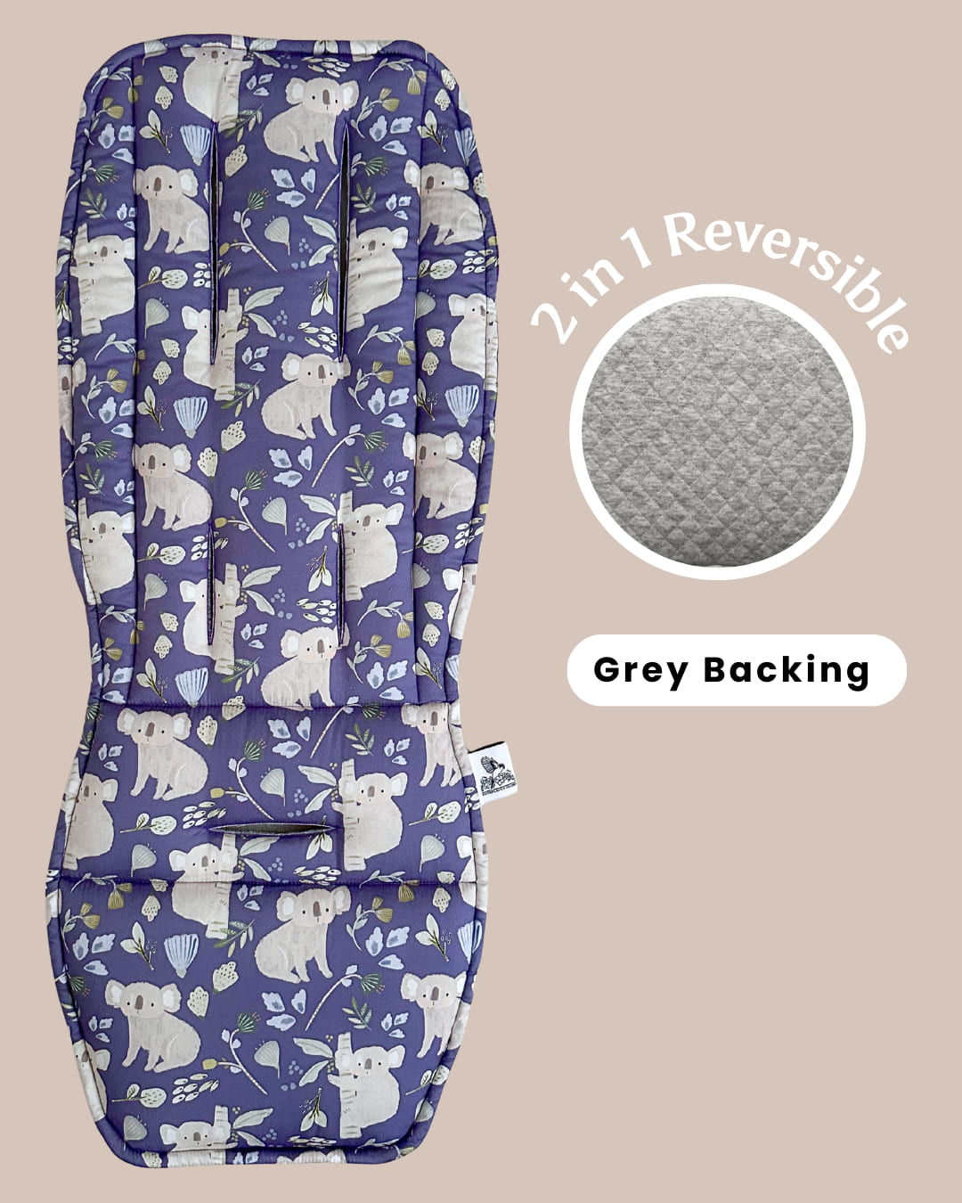 2-in-1 reversible baby seat cover with koala pattern on purple and gray backing