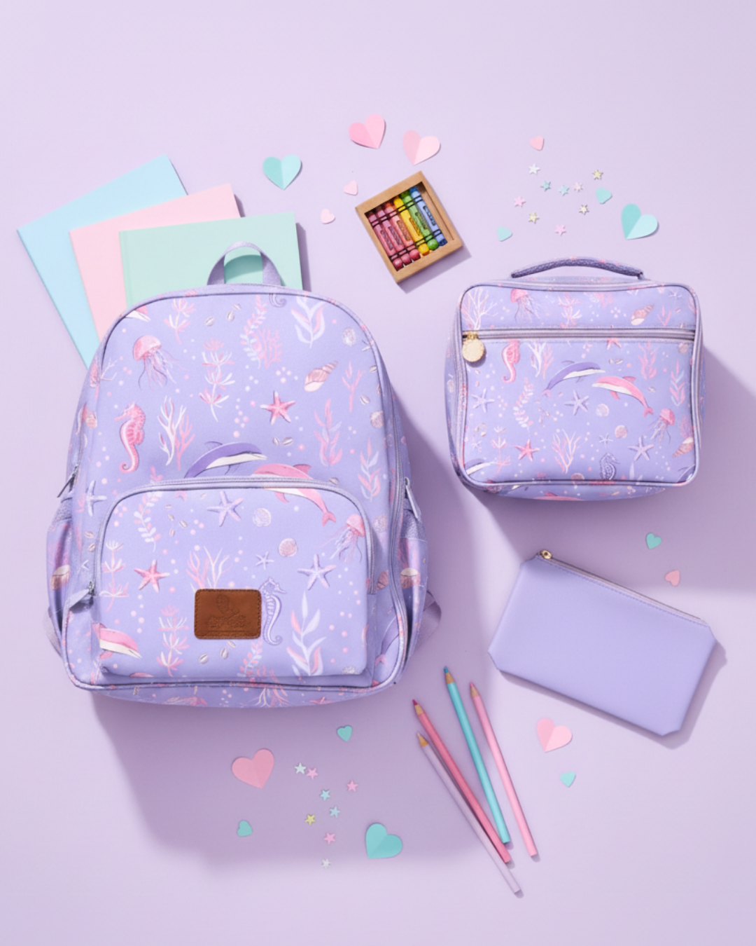 Set of pastel-colored school supplies including a backpack, lunch bag, and pouch on a light purple background.