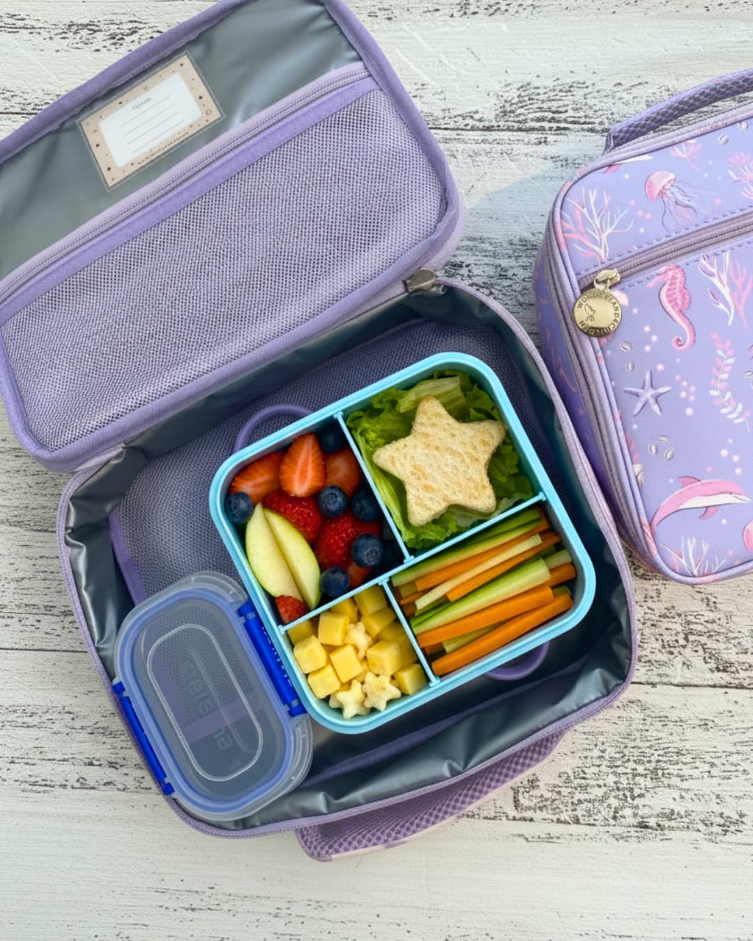Open lunch box with compartments filled with a colorful assortment of fruits and vegetables on a wooden surface.