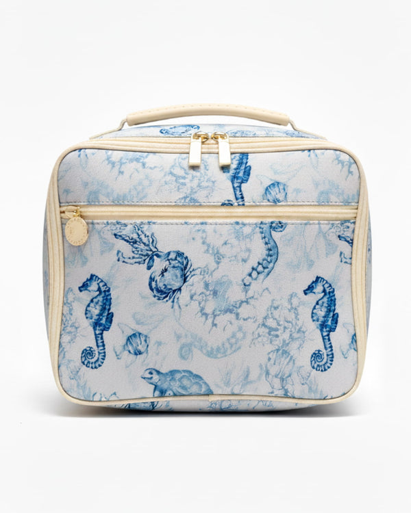  insulated lunch bag with blue sea creature pattern on a white background