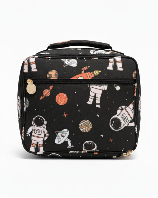 Black lunch bag with space-themed design featuring astronauts and planets on a white background