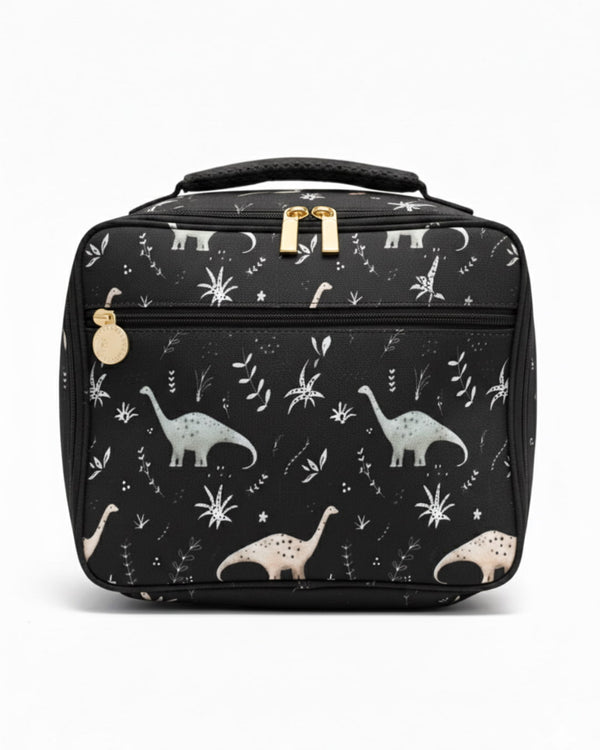 Black lunch bag with dinosaur pattern on a white background