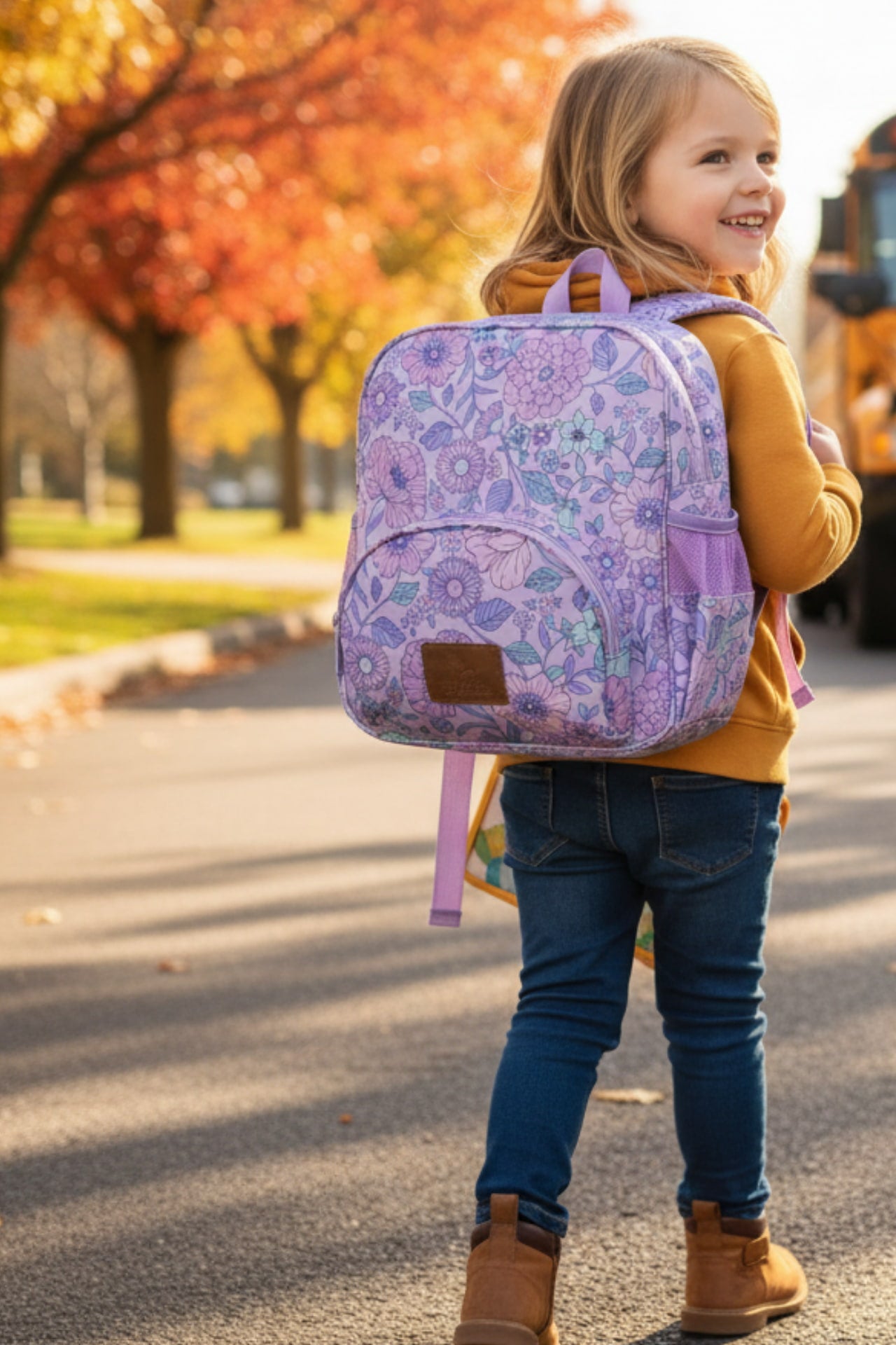 Happy girl waiting for school bus with lilac floral mini backpack, perfect size for preschool and toddler essentials.