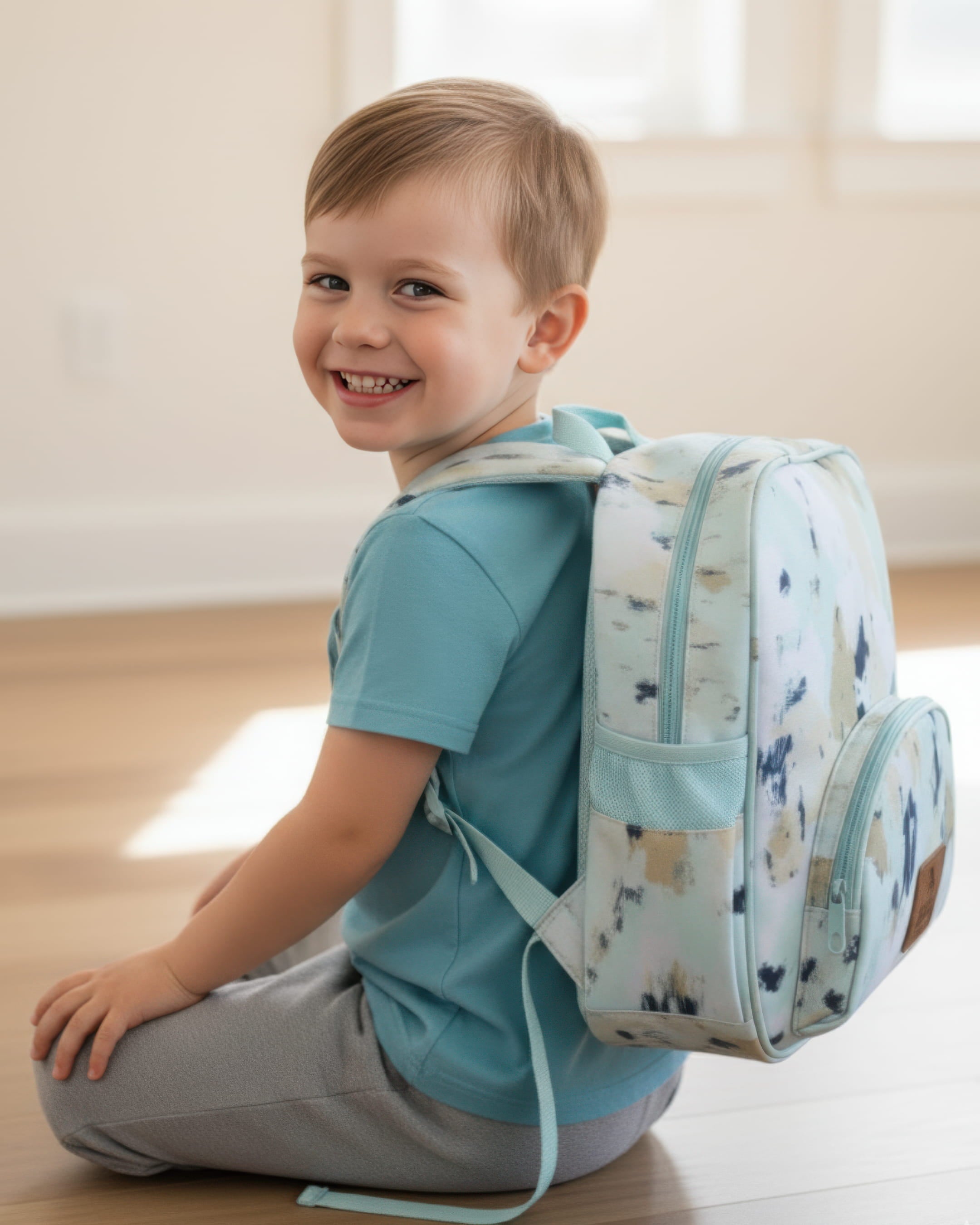 Happy young boy wearing birch print mini backpack, ideal size for preschool, daycare, and children up to 5 years old.