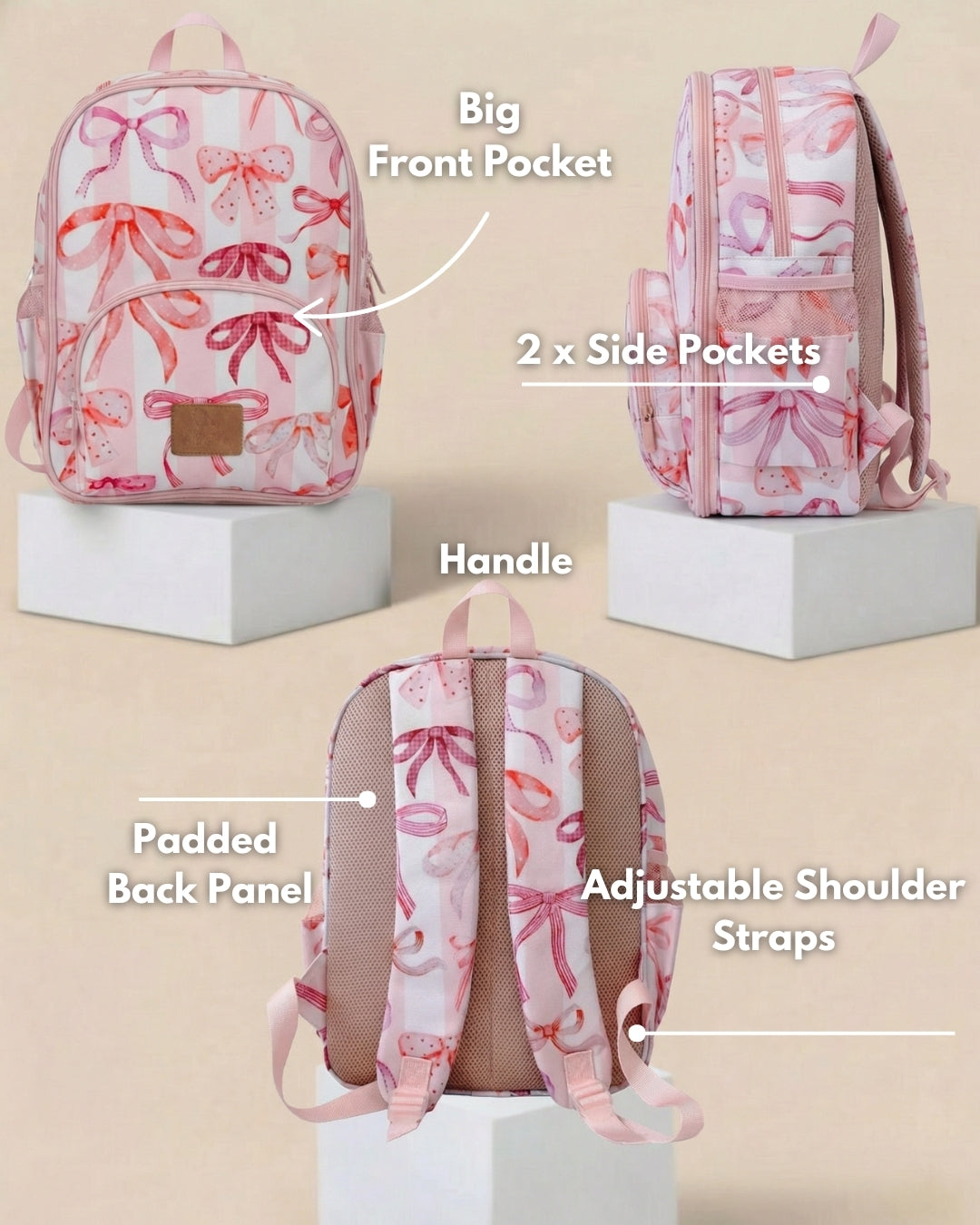 Pink backpack with bow pattern on a beige background, labeled with features.