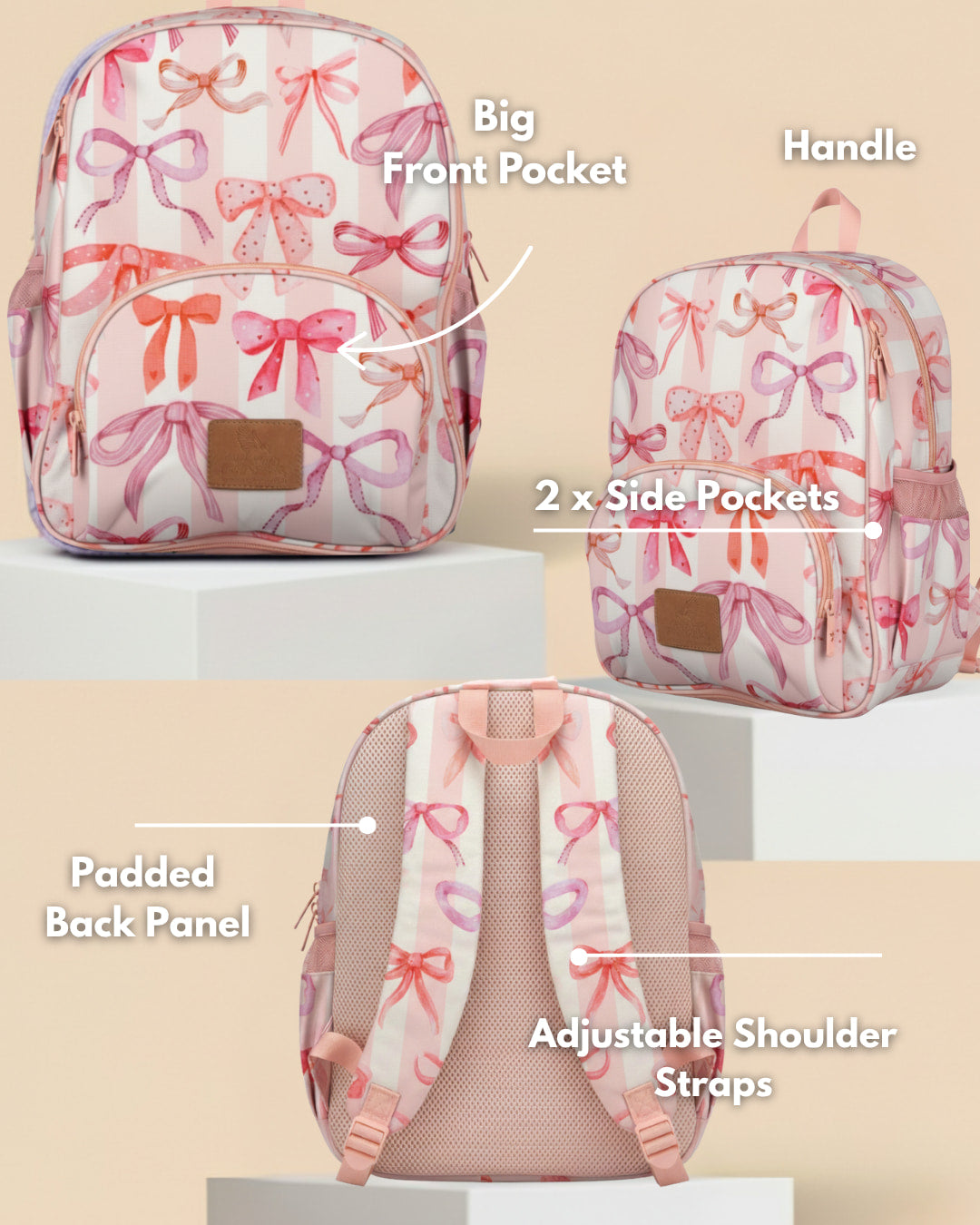 Pink backpack with bow pattern on a beige background, labeled with features.