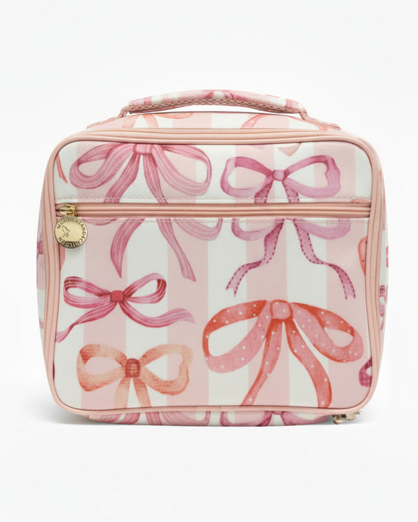 Pink and white bag with bow pattern on a white background
