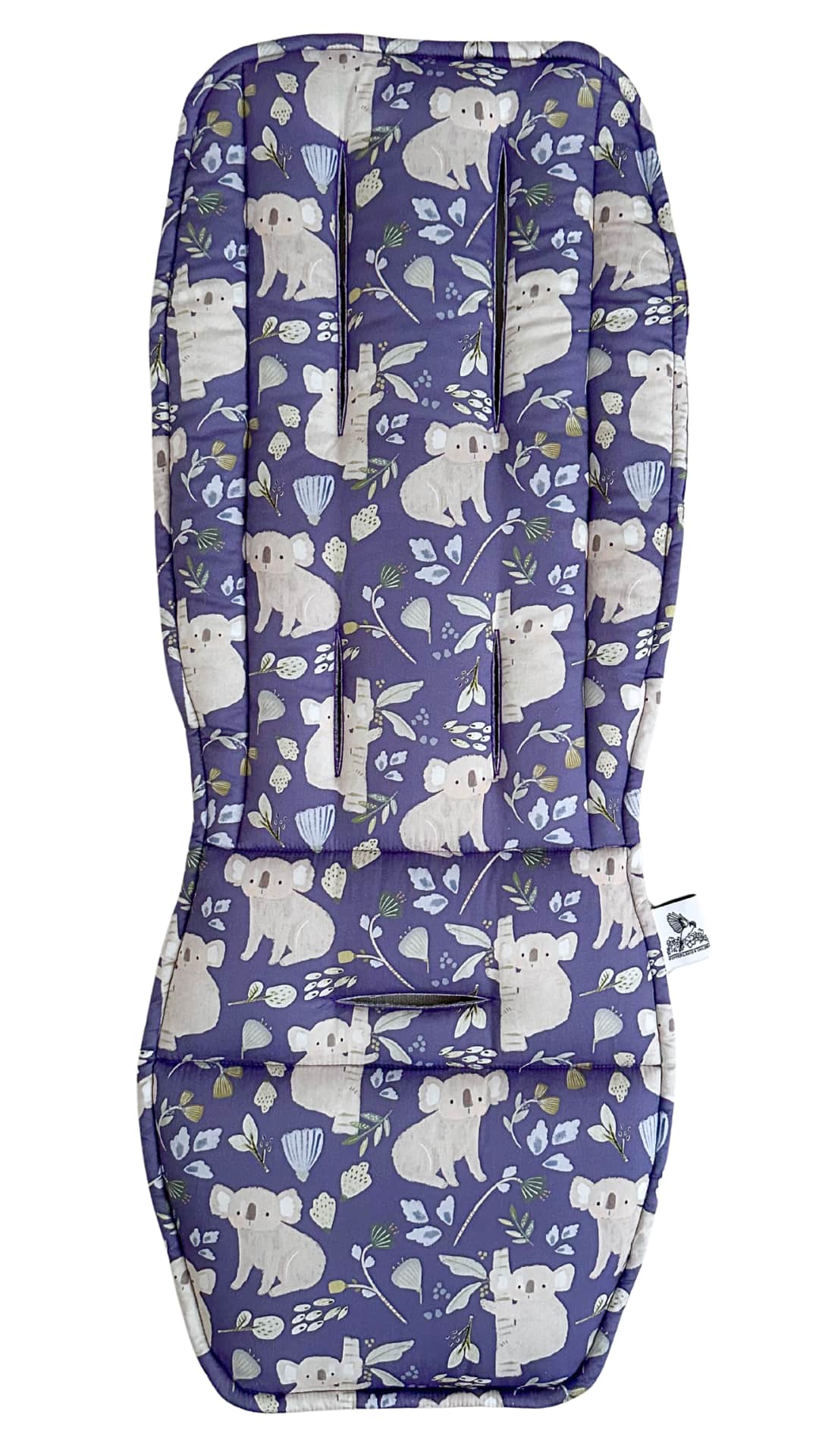 Dark blue stroller liner with koala bear pattern on a white background
