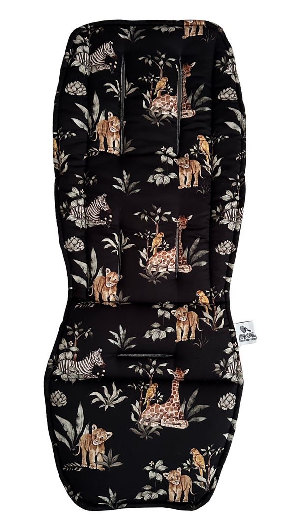 Black pram  seat cover with safari animal pattern on a white background