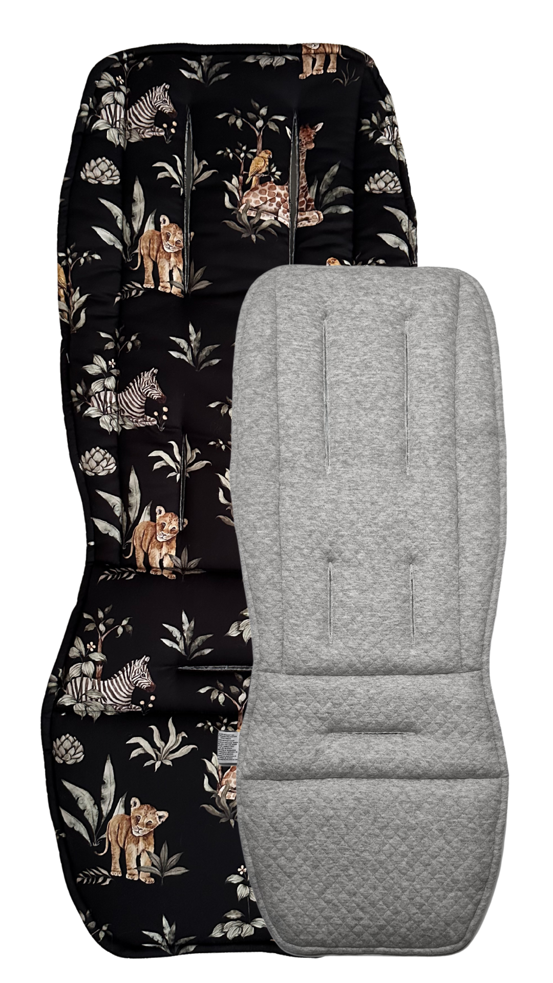 Stroller seat cover with animal pattern and gray cushion on a white background