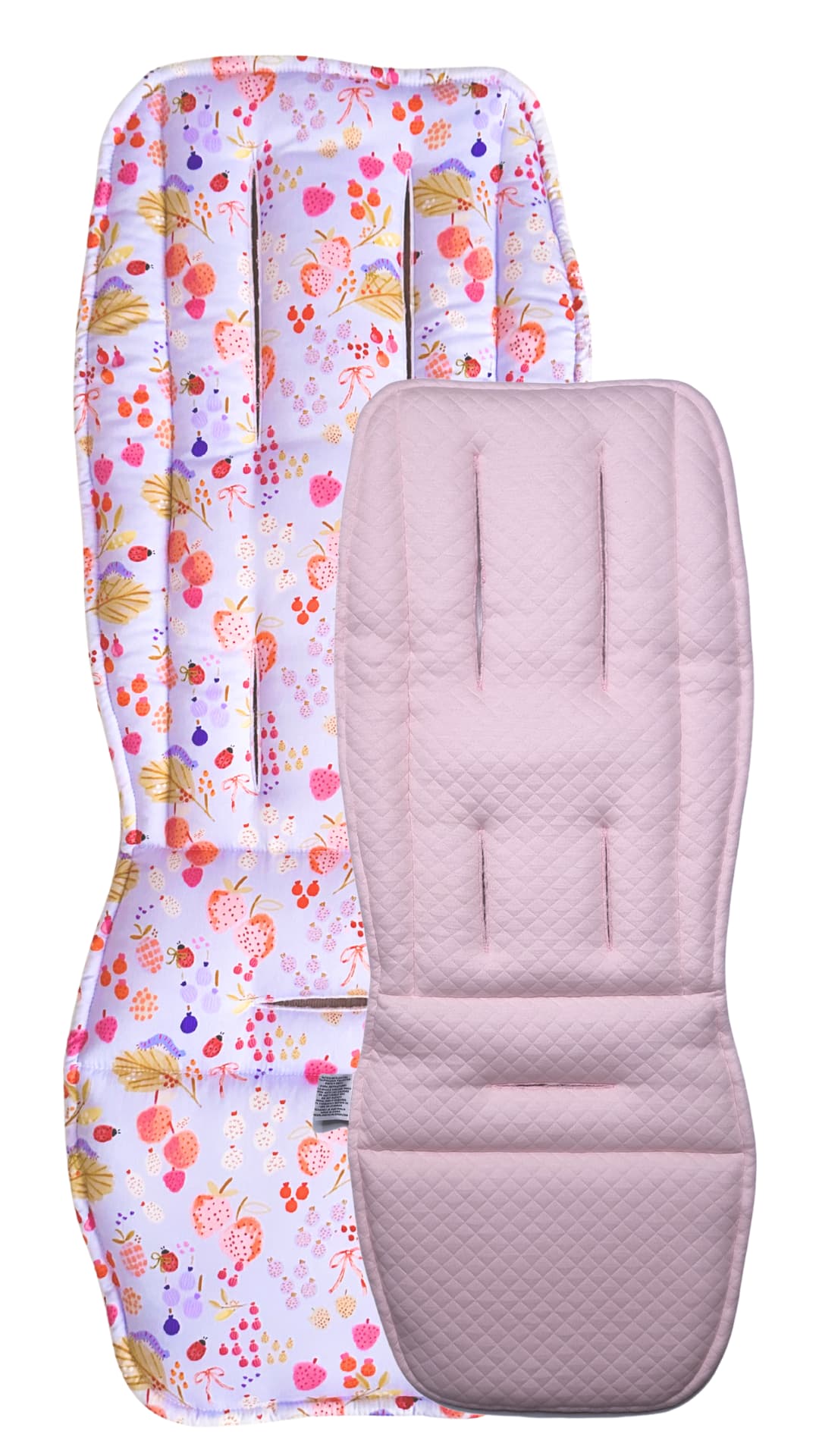 Baby stroller seat cover with floral pattern and plain pink cover on a white background