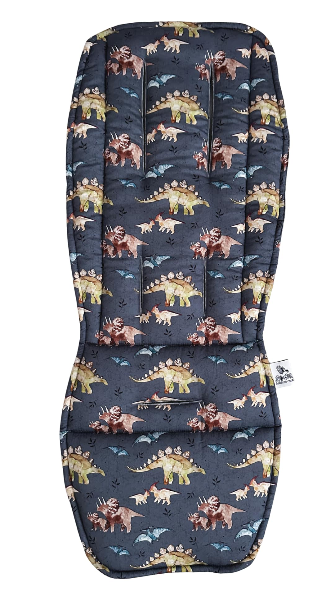 Stroller seat cover with dinosaur pattern on a white background